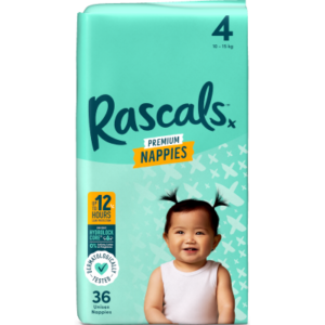 Rascals Premium Nappies Unisex Size 4 10-15kg Toddler 36pk